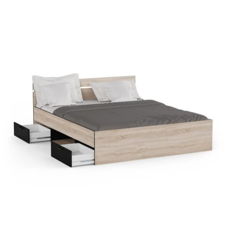 Lit double MICHIGAN en chêne brossé et noir avec rangement