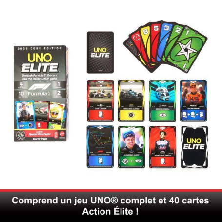 UNO Élite Formula 1 - Jeu de cartes avec 4 boosters