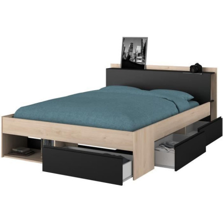 Lit adulte COMBO 140x190/200 cm avec 3 tiroirs - Chêne et noir