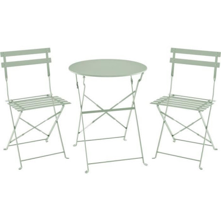 Ensemble Bistrot ELORA - Table Ronde Pliable et 2 Chaises en Acier Vert