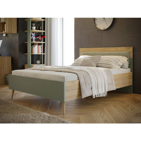 Lit double adulte WHENUA 140x200 cm en tissu vert sauge et chêne