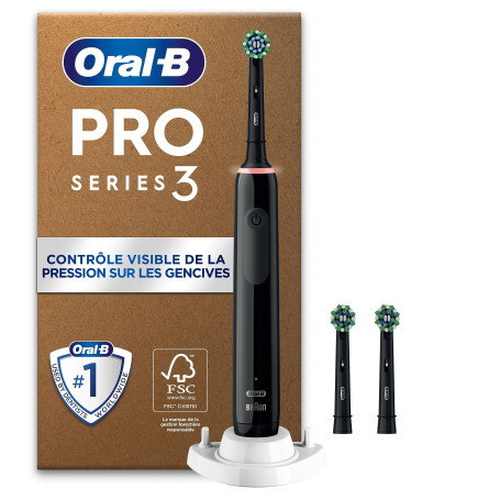 Oral-B Pro 3 Brosse À Dents Électrique Noire, Un Capteur De Pression Pour Protéger Les Gencives Sensibles, Des Accessoires, 3 Br
