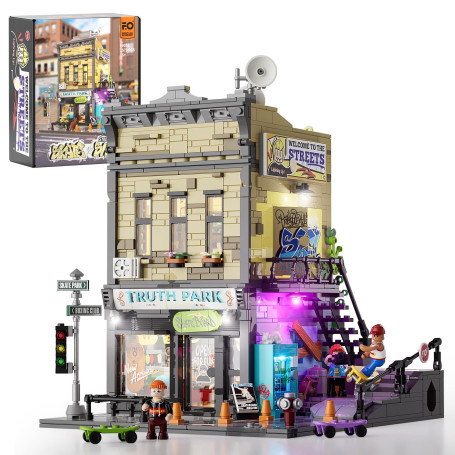 FUNWHOLE Magasin de Skate - Set de Briques de Construction Éclairé LED, Collection Street Fusion City, Kit de Construction Modul