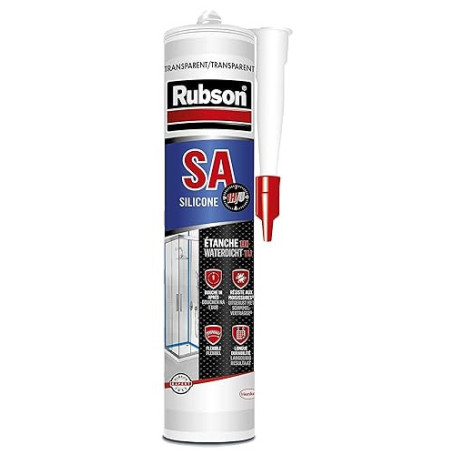 RUBSON SA 1 heure , Mastic Sanitaire à Séchage Rapide, Joint Silicone tous Matériaux, Transparent , Cartouche de 280 ml