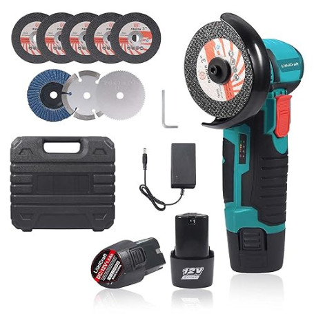 Mini Meuleuse d'Angle sans Fil 12V, 76mm Moteur Brushless 19500 tr/min, Avec 2 Batteries 1500mAh & 8 Disques, Outil de Découpe É