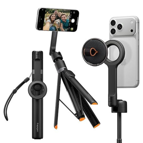 Spigen S582W Perche à Selfie Trépied Extensible 166.5cm, Double MagSafe, Tête Rotative à 360°, Télécommande Bluetooth 5.0, Suppo