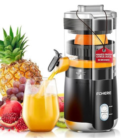 FOHERE Presse Agrumes Automatique Electrique Sans BPA, 2 Cônes Interchangeables, Puissant Moteur Silencieux de 100 W, Bec Anti-g