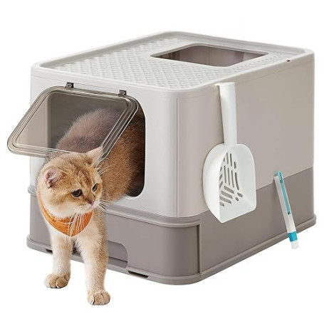 Feandrea Bac à Litière Fermé, Maison de Toilette, Plateau Amovible, Pelle, Brosse, pour Grand Chat, Capacité de Charge 15 kg, An