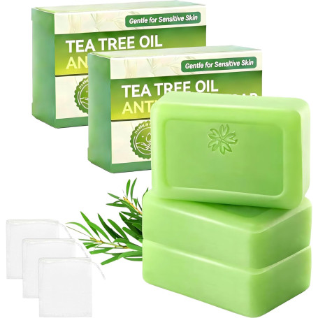 Lot de 3 savons à l’huile d’arbre à thé – Savon purifiant visage et corps pour peaux à imperfections, nettoyage en profondeur, c