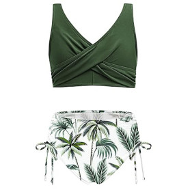 Arshiner Ensemble bikini pour fille - Col en V - Effet enveloppant - Taille haute - Avec cordon de serrage - Maillot de bain deu