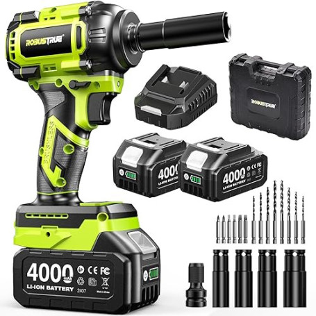 Robustrue 800 N·m clé à choc sans fil 1/2", moteur sans balais à couple élevé, vitesse jusqu’à 2800 tr/min, 2 batteries 4,0Ah av