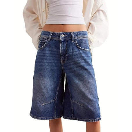 Cusghjbsg Short en jean ample pour femme - Longueur genou - Style décontracté - Motif cœur - Taille haute - Bermuda ample - Jamb