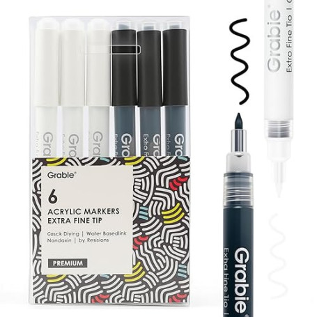 Grabie Marqueurs Peinture Acrylique Noir & Blanc, Lot de 6 (3 Noir, 3 Blanc), Pointe Extra Fine 0,7mm, Feutres pour Highlights,