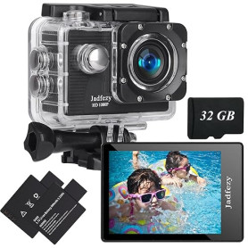 Jadfezy Camera Sport 1080P FHD avec Carte Mémoire 32GB,Etanche 30M Caméra d'action Grand Angle, avec Deux Piles Rechargeables 90