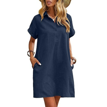 Zeagoo Robe d'été Femme en Lin Robe Mi-Longue Longueur Genou Décontractée Robe de Plage à Manches Courtes Robe Chemise avec Poch