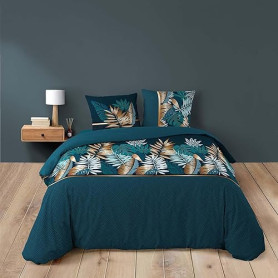 Douceur d'Intérieur, Parure de Lit 3 Pièces (260 x 240 cm) Alianor Bleu, 100% Coton
