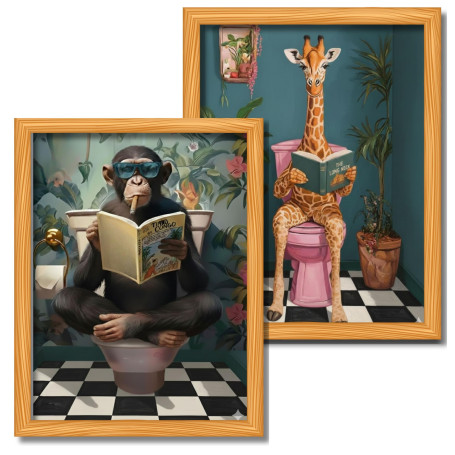 Générique Poster Décoratif Drôle pour Salle de Bain, 2 Pièces, Animaux WC Singe Girafe, 20x30cm, Sans Cadre