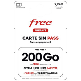 Carte SIM Free Pass M : Forfait 200 Go 5G Ultra-Data + Appels/SMS Illimités & 10 Go depuis l’Europe – Offre Mobile Sans Engageme