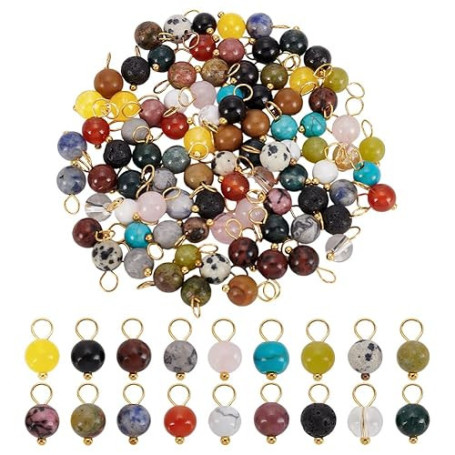PH PandaHall 108pcs 18 Couleurs Pendentif en Pierre Précieuse, 6 mm Charmes de Perles de Pierre Perles Rondes Lisses avec Boucle
