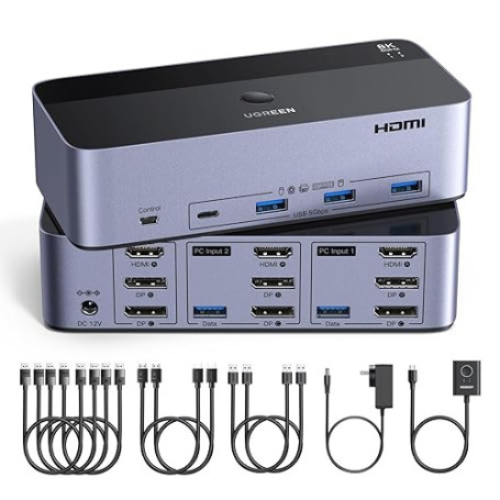 UGREEN Switch KVM HDMI+DP 2 Entrées 3 Sorties 8K 60Hz Double Affichage Commutateur KVM USB 3A +1C 3.0 5Gbps pour Clavier Souris