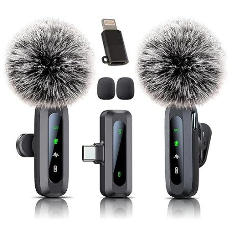 Microphone cravate sans fil pour iPhone et prise USB-C, mini micro sans fil avec réduction du bruit, écran LED et clip rotatif –