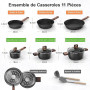 Batterie de Cuisine - Casserole et Poêle Induction de 11 Pièces Antiadhésives Tous Feux, Poêles 20/28 cm, Poêle Profonde 24 cm,
