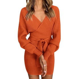 Vancavoo Robe Pull Femme Elégant Robe Tricoté Col V Manche Longue Casual Automne Hiver Tunique Chic Jupe Courte Moulante Slim av