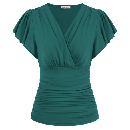 GRACE KARIN Blouse Unie à Manches Courtes Volantées Col Croisé en V Femme Haut d'Été à Taille Froncée Top Femme Chic et Élégant