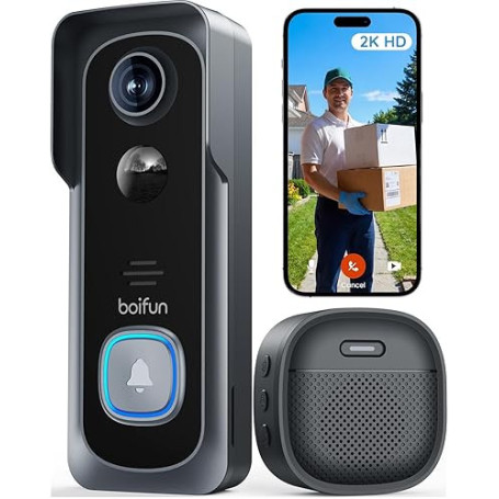 BOIFUN Sonnette sans Fil Exterieur Etanche, 2K, Grand Angle de 166°, Installation Facile, Détection Humaine par IA, Vision Noctu