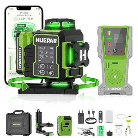 Huepar Niveau Laser Chantier Autonivelant 360°x4 avec récepteur, Lazer Niveaux rotatif 4D 16 Lignes Laser, Autonivellement et Mo