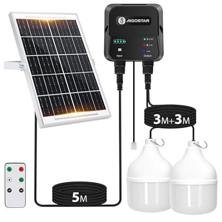 Aigostar- Ampoule solaire exterieur à suspendre 70W, câble de 11M, étanche IP65. Lampe solaire avec télécommande et cordon de tr