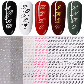 JMEOWIO Paillettes Vieille Lettre Stickers Ongles Nail Art 6 Feuilles Autocollants Ongles Autoadhésif Deco Ongle Nail Art Design