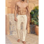 Runcati Pantalon en Lin pour Homme - Couleur Unie - Long - Léger - Coupe Ample - avec Cordon de Serrage - pour Les Vacances, la