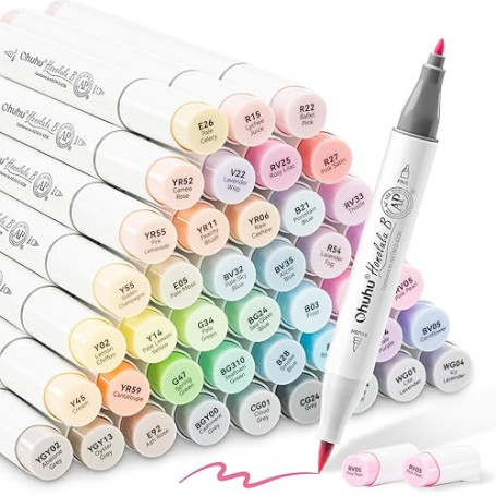Ohuhu Marqueurs Colorés D'art, Pastel Pinceau Pointe Double Feutres à Alcool Pinceau et Fine Burin Pour Artiste Etudiants Pour C