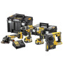 DEWALT Kit 4 outils Perceuse Visseuse à percussion + Visseuse à chocs + Meuleuse + Perforateur XR 18V Brushless + 3 batteries 5A