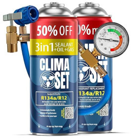 ClimaSet - Recharge de gaz 3 en 1 pour climatisation r134a, huile, produit anti-fuites XL, gaz R134a et tuyau - Kit de Recharge