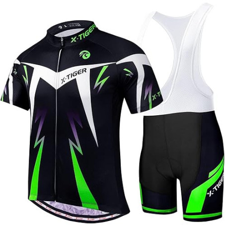 X-TIGER Maillot de Cyclisme Manches Courtes Homme avec Cuissard à Bretelle 5D Gel Rembourré,VTT Courtes Respirant Vêtements de C