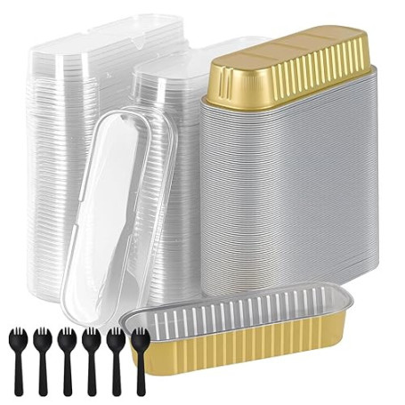 MUKSEUT Lot de 100 mini moules à pain rectangulaires en aluminium avec couvercles et cuillères pour mariage, anniversaire, pique