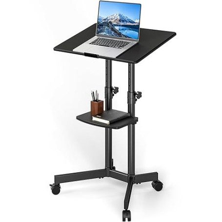 5Rcom Bureau Informatique Mobile à Hauteur Réglable, Bureau Debout à roulettes, Plateau Inclinable de 40° pour Ordinateur Portab