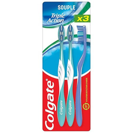 COLGATE - Brosse à dents Triple Action Souple - Nettoyage Interdentaire - Blancheur Naturelle - Haleine Fraîche - Lot de 3 Bross