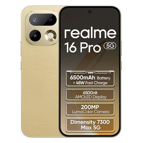realme 16 Pro 5G Smartphone 8+256GB,Or Master,MediaTek Dimensity 7300 Max,6,78" 144Hz AMOLED,200MP OIS caméra arrière,50MP camér