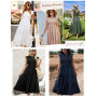 CMTOP Robe Ete Femme Robe Longue Chic et Elegant Manches à Volants Col Rond Robes au Genou Taille Élastique Décontractée Robe de