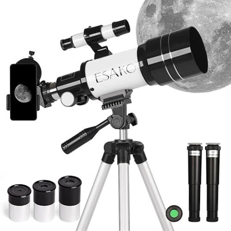 ESAKO Télescope pour Enfants & Débutants, 70 mm Télescopes réfracteurs Astronomiques avec 3 Oculaires, Adaptateur de téléphone,