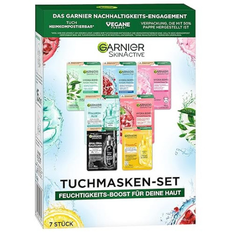Garnier Ensemble de masques en tissu pour tous types de peau, 7 masques faciaux pour peaux sèches et normales, formule végétalie