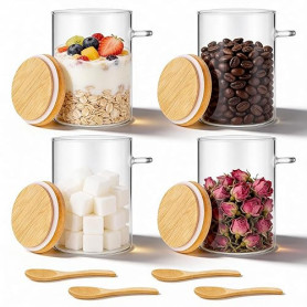 Hejo 4 Pièces Bocal en Verre avec Couvercle Hermétique et Cuillère, 500ML Pot en Verre, Overnight Oats Jar, Bocaux de Conservati