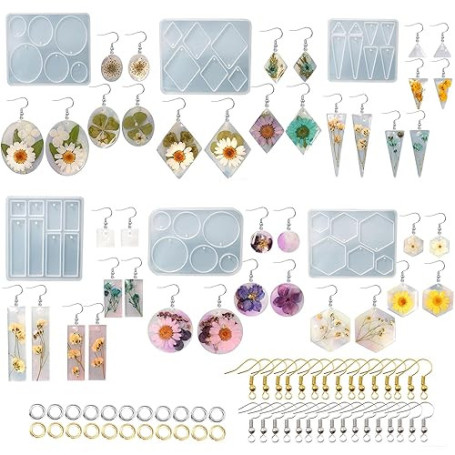 Cayway 6 PCS Silicone Moule pour Bijoux Boucles D'oreilles, Boucle D'oreille Moules en Résine Epoxy, 100 PCS Crochets D'oreille