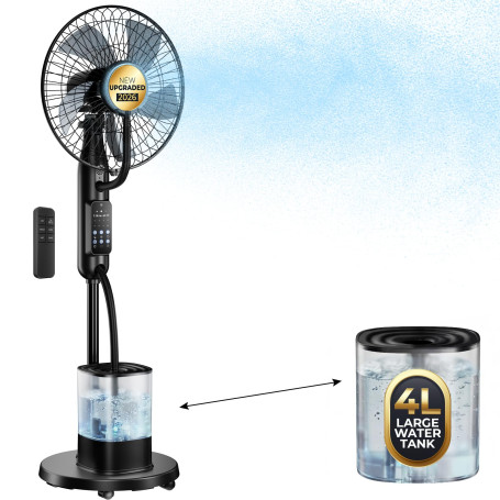 NebulaFlow Ventilateur Brumisateur, 2026 Amélioré Réservoir 4L, 7,5H Ventilateur sur pied, Minuterie, 5 vitesses 3 modes, Ventil