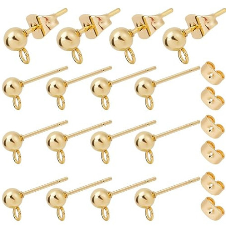 Beebeecraft 100PCS 24K Plaqué Or Boucles d'oreilles Goujons Boucles d'oreilles Boule avec Boucle DIY Bijoux (15x7mm)