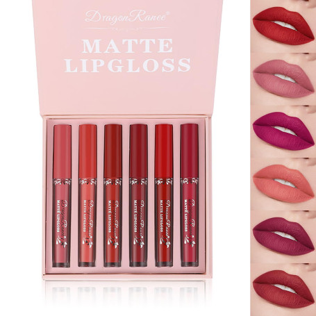 MTUVKGT Lot de 6 Brillants à Lèvres Mat, Ensemble de Rouge à Lèvres Liquide Nude Longue Durée, Ensembles de Rouge à Lèvres non C