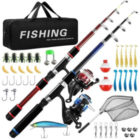 Auniq 2 pièces Ensemble Canne à pêche et Moulinet, Canne à pêche télescopique en Fibre de Carbone 1.8m avec Moulinet Rotatif/app